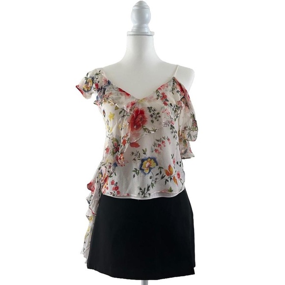 ⭐️ALICE + OLIVIA - PAULINA WHITE SILK SHEER FLORAL ASYMMETRICAL SILK TANK TOP⭐️ - Picture 4 of 8